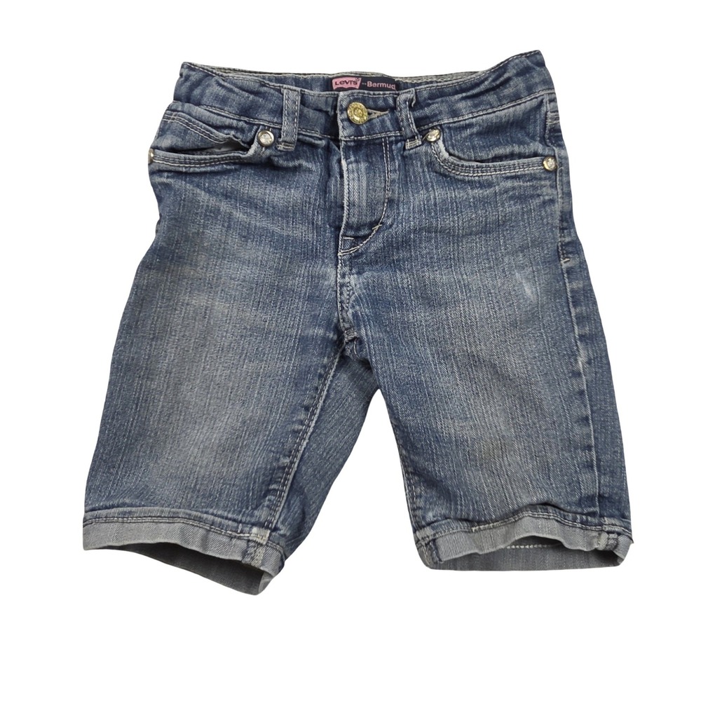 Levis Bermuda Denim Shorts Girls Size 6X Regular Medium Wash Cuffed Stretch Y2K